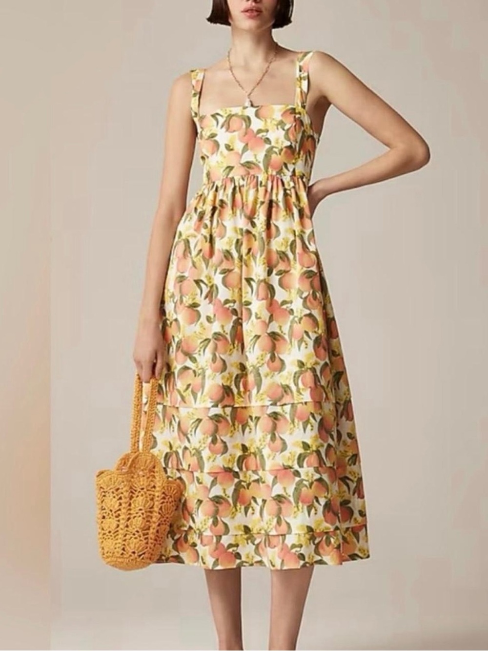 J.Crew Cotton Poplin Squareneck Midi Sun Dress- Peach print